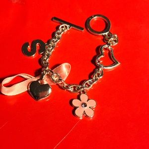 Nine West Silvertone Charm Bracelet Heart Flower
